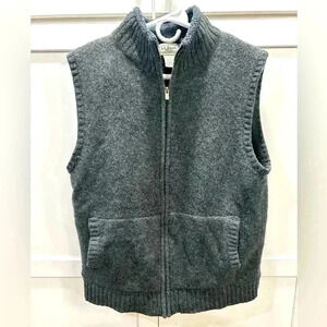 LL Bean Sweater Vest Mens Medium Grey 100% Lambs’ Wool Full Zip Fleece Lined
